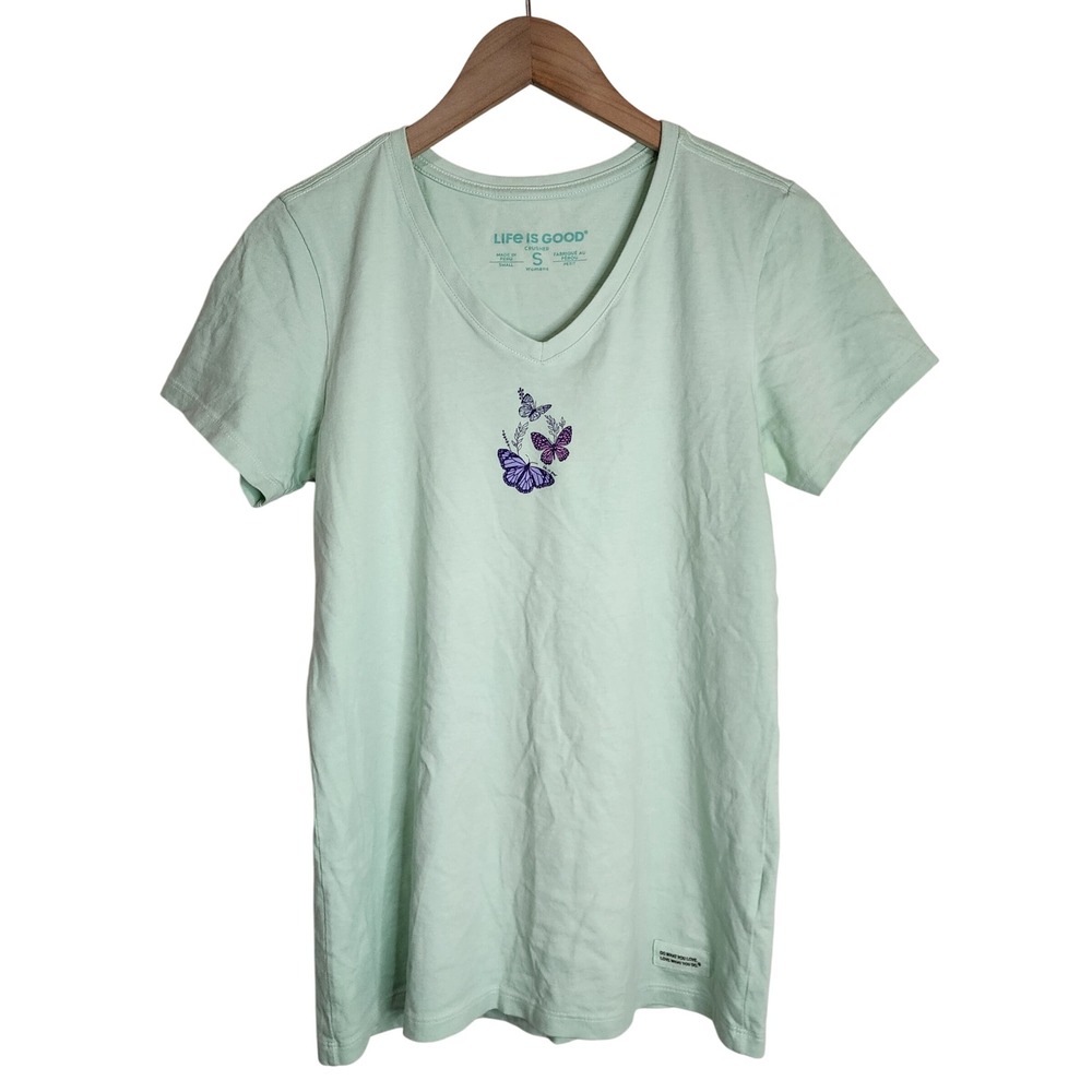 Life is Good Shirt Women's Small Butterfly Crusher Short‎ Sleeve Green
